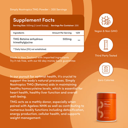 Simply Nootropics TMG Powder (100g) Betaine for Methyl Donation