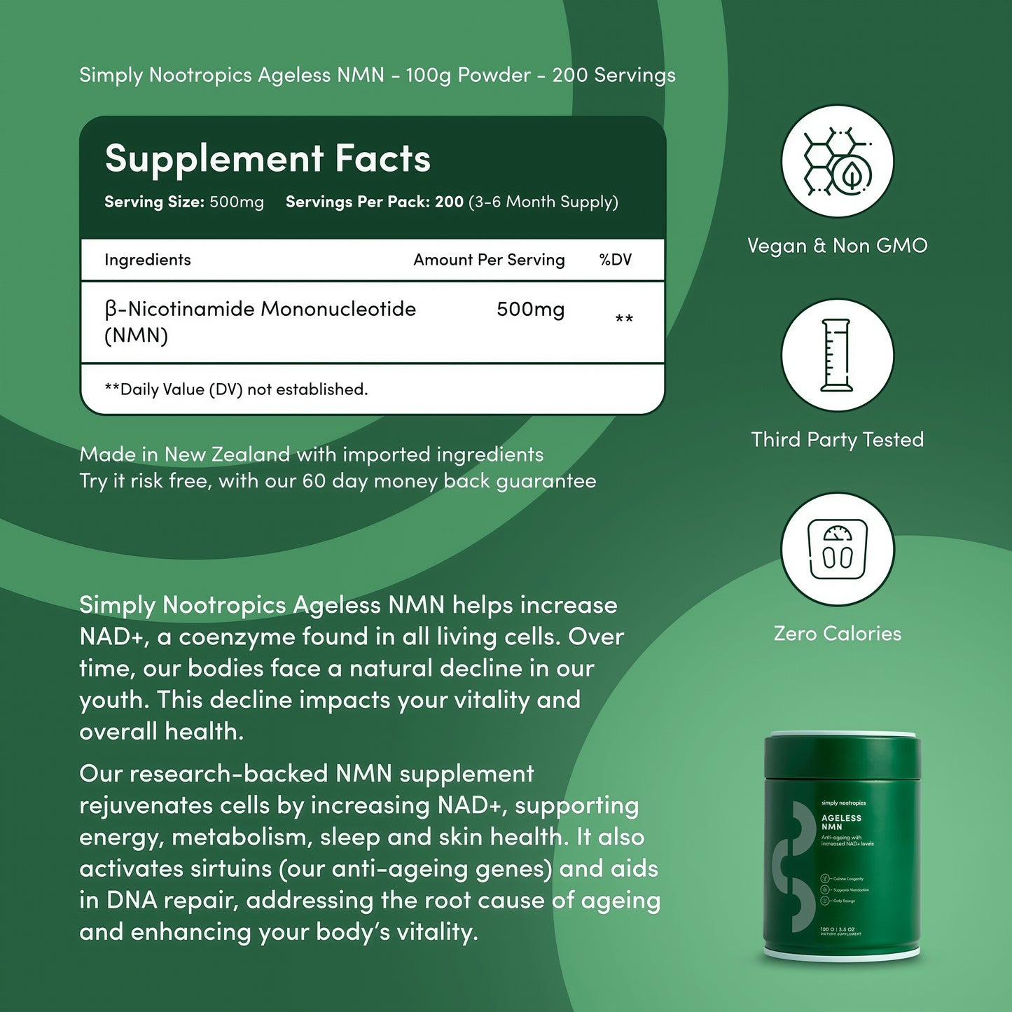 Simply Nootropics NMN Powder (3-Month Supply) NAD+ Booster
